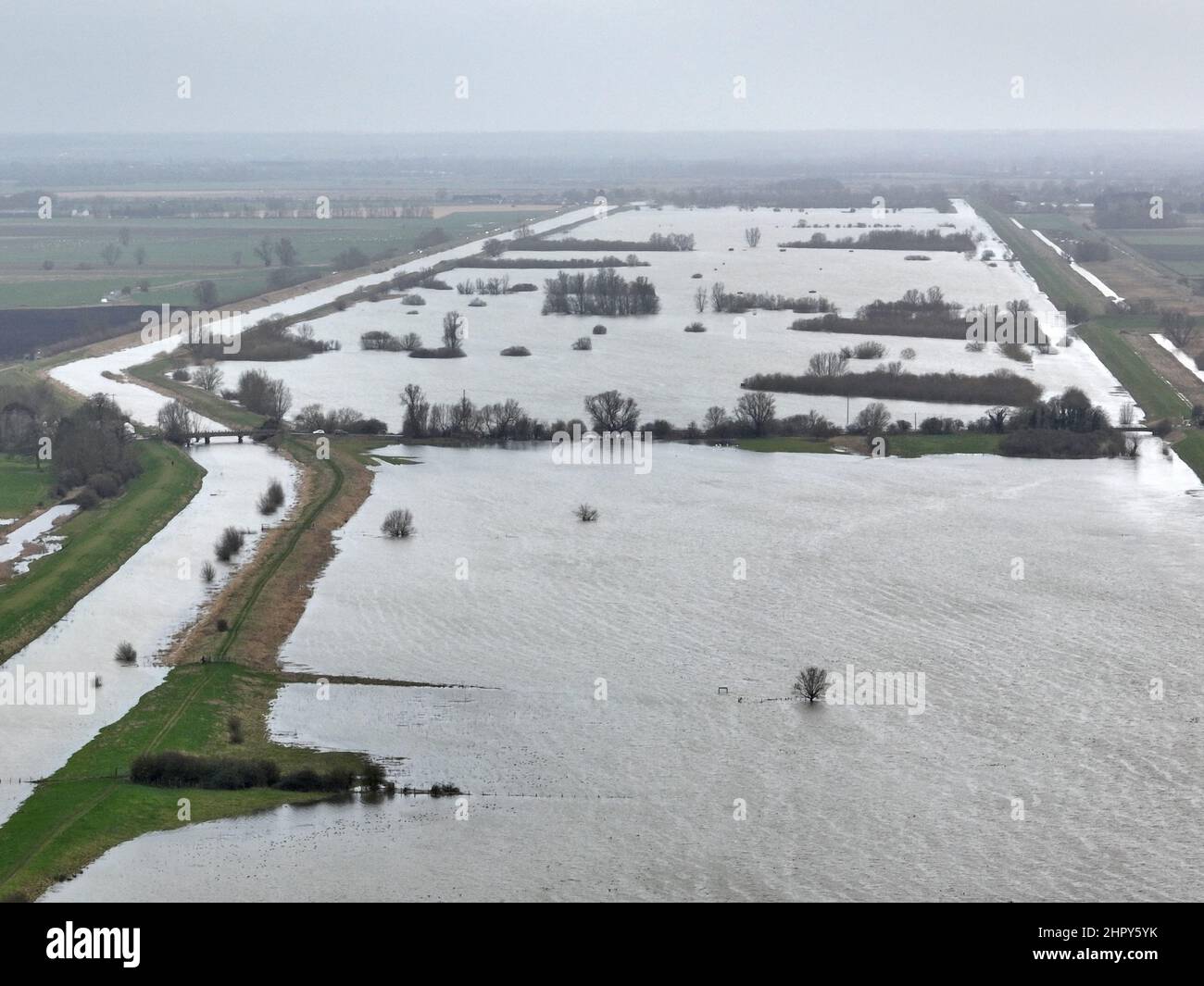 Sutton Gault, Großbritannien. 22nd. Februar 2022. Die Pegel des Flusses Great Ouse in der Nähe von Sutton Gault, Cambridgeshire, sind immer noch sehr hoch und könnten am 22. Februar 2022 aufgrund von Überschwemmungen zur Schließung der Straße führen.Quelle: Paul Marriott/Alamy Live News Stockfoto