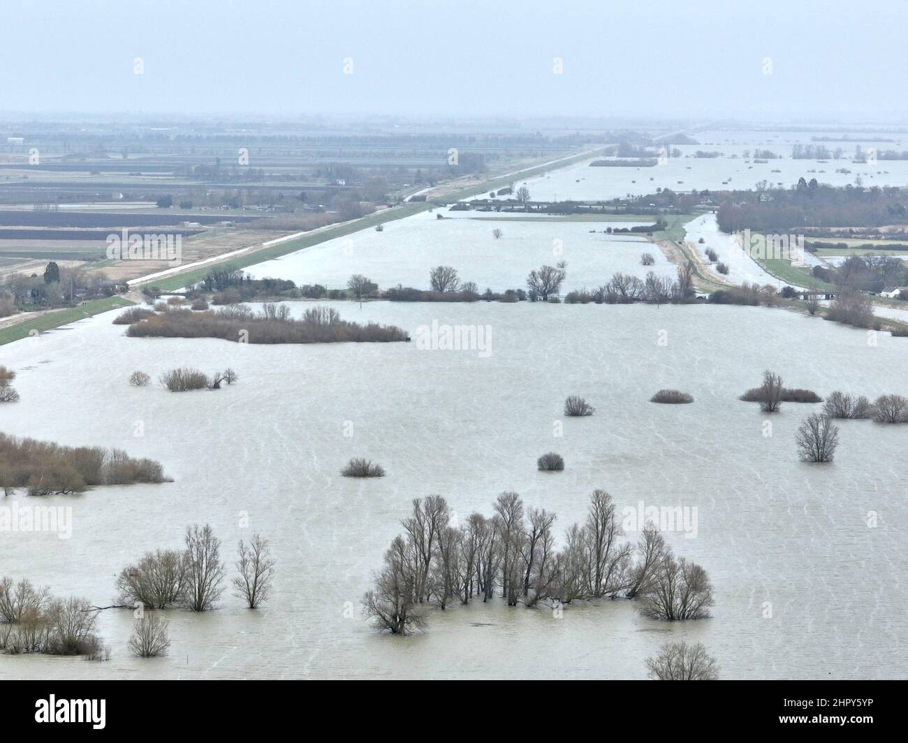 Sutton Gault, Großbritannien. 22nd. Februar 2022. Die Pegel des Flusses Great Ouse in Sutton Gault, Cambridgeshire, sind immer noch sehr hoch und haben zur Schließung der Straße wegen Überschwemmungen am 22. Februar 2022 geführt.Quelle: Paul Marriott/Alamy Live News Stockfoto