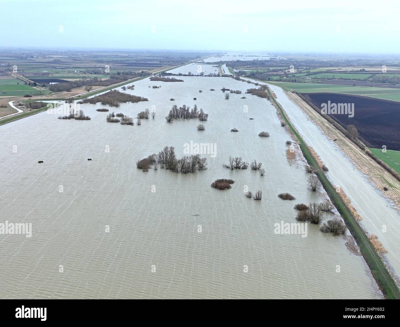 Sutton Gault, Großbritannien. 22nd. Februar 2022. Die Pegel des Flusses Great Ouse in Sutton Gault, Cambridgeshire, sind immer noch sehr hoch und haben zur Schließung der Straße wegen Überschwemmungen am 22. Februar 2022 geführt.Quelle: Paul Marriott/Alamy Live News Stockfoto