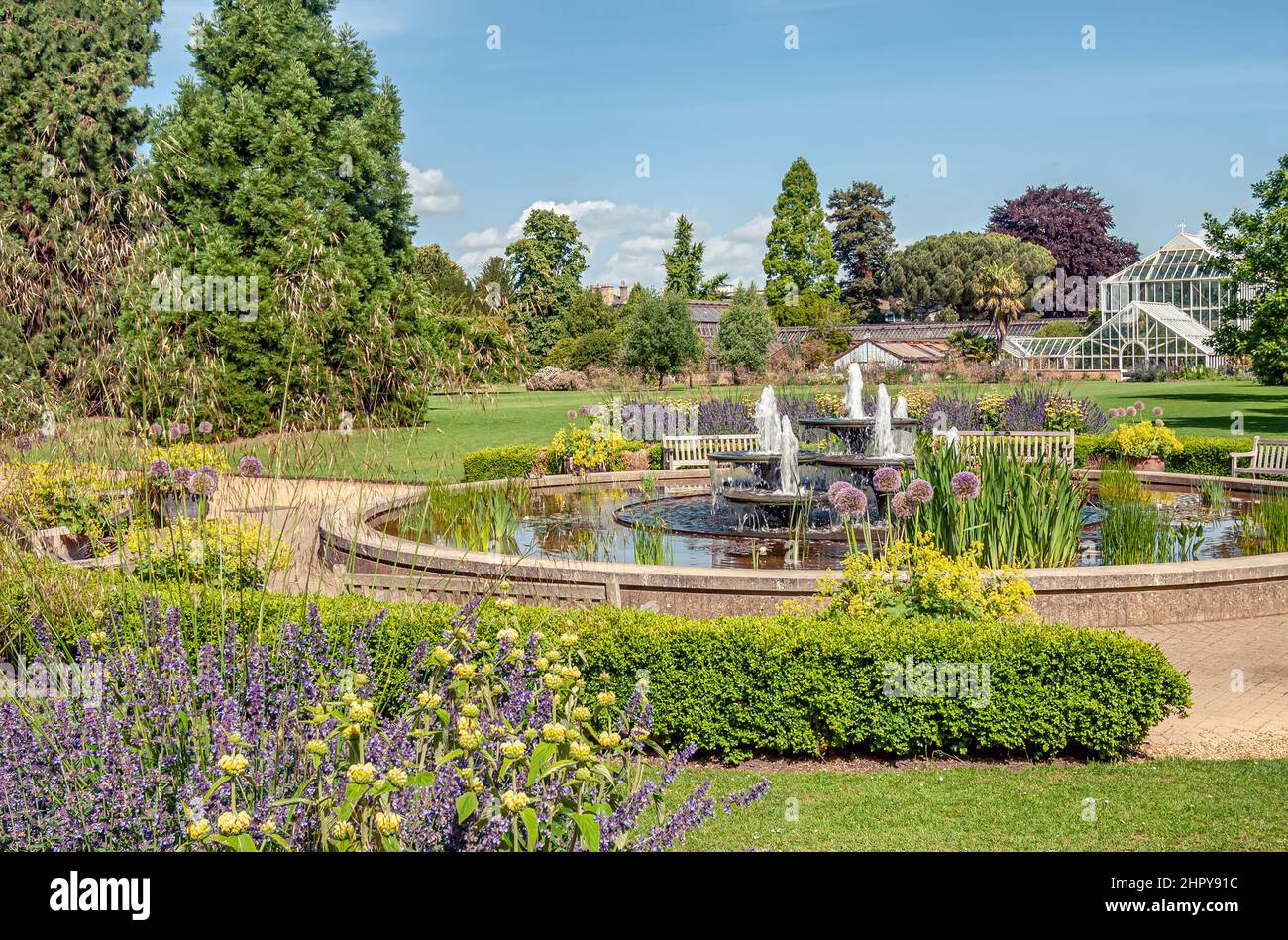 Frühlingsblumen und Springbrunnen im Botanischen Garten der Cambridge University, England Stockfoto
