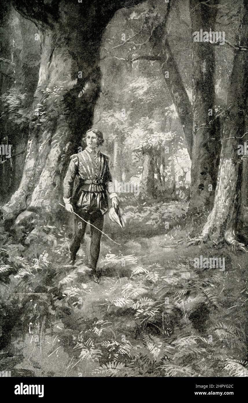 Boy Shakespeare im Wald von Arden. Als Junge liebte Shakespeare es, durch den Wald zu Streifen und sein Geheimnis und seine Kraft zu spüren. Jeden Tag wanderte er auf seinen schattigen Pfaden und in seine geheimsten Orte, bis er es kannte und fühlte, dass über seine Solituden dort eine unsichtbare Präsenz brütete. Er sehnte sich danach, das Geheimnis des Geheimnisses und der Kraft des Waldes zu entdecken. William Shakespeare (gestorben 1616) war ein englischer Dramatiker, Dichter und Schauspieler, der weithin als der größte Schriftsteller in der englischen Sprache und der größte Dramatiker der Welt angesehen wurde. Er wird oft als Englands Nationaldichter und der „Barde“ bezeichnet Stockfoto