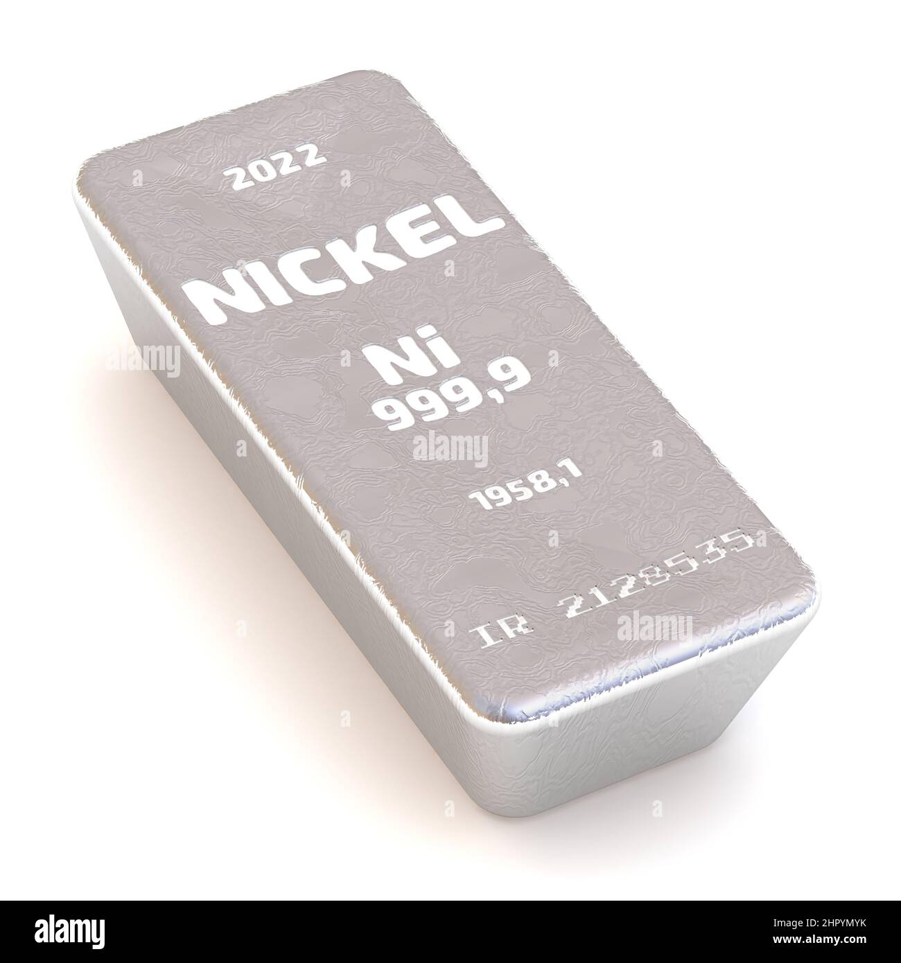 Die höchste Standard-Nickel-Bullion. Es gibt einen Barren von 999,9 feinen Nickel-Barren auf weißem Hintergrund. 3D Abbildung Stockfoto