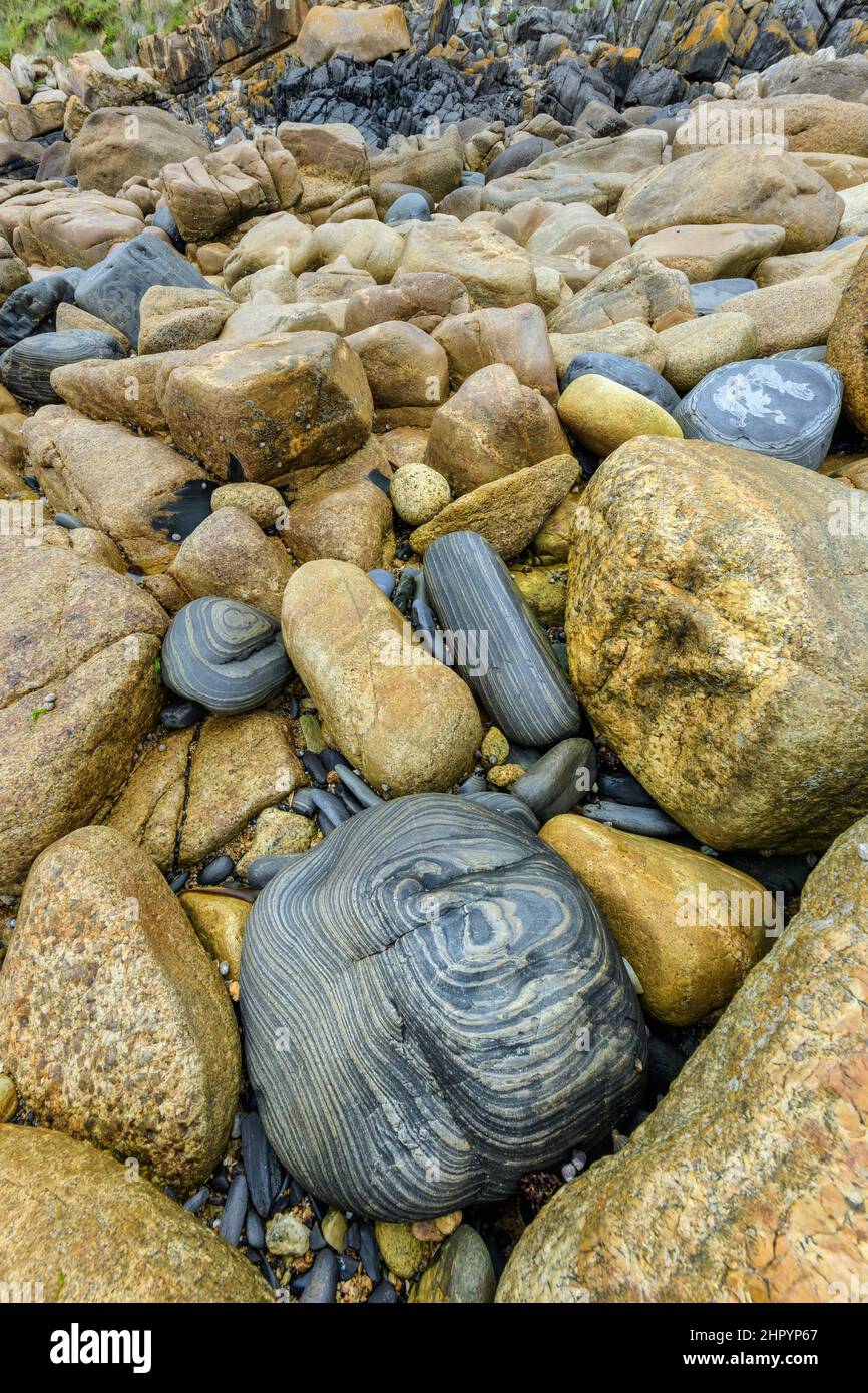 Rosafarbene Granite und Hornfels von Milliau Island. Sehr alte metamorphe Gesteine, die aus der präkambrischen Zeit stammen (kadomianische Orogenie, um minus 600 Ma). Der Stockfoto
