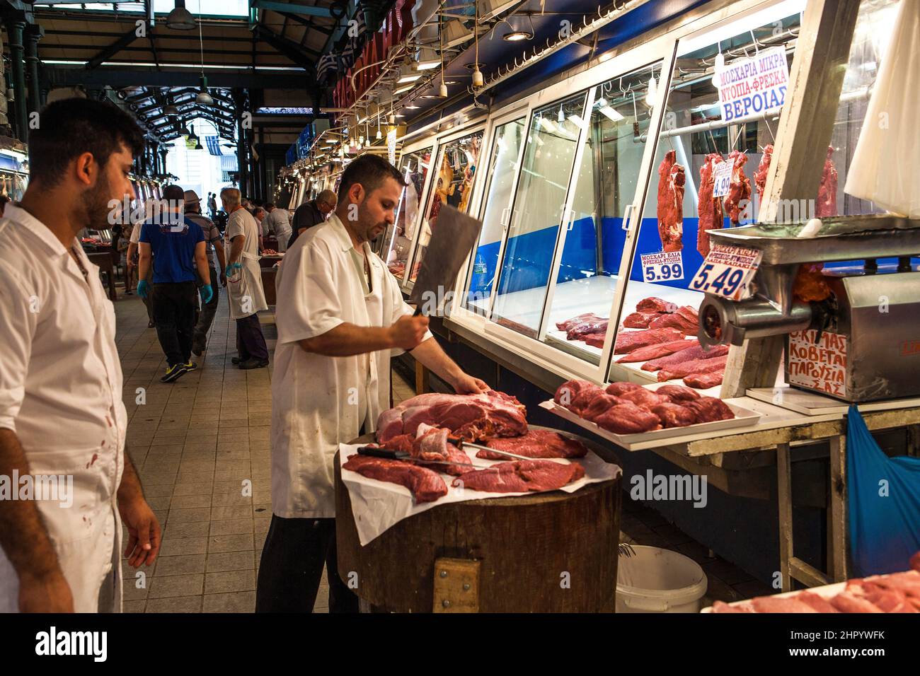 Griechenland, Fleischstände auf dem Zentralmarkt, Bezirk Monastiraki Foto © Federico Meneghetti/Sintesi/Alamy Stock Photo Stockfoto