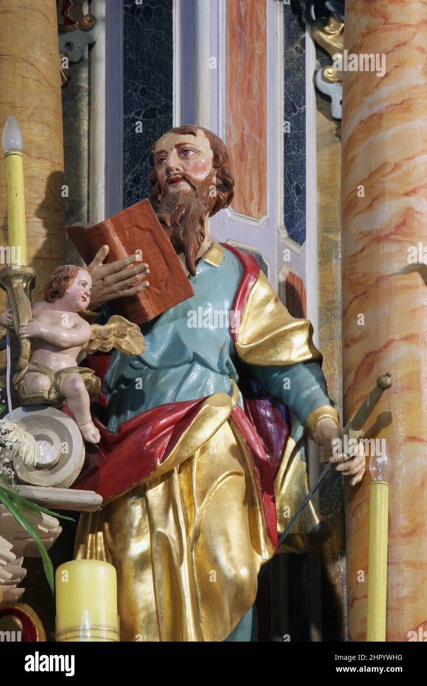 Apostel Paulus, Statue auf dem Hochaltar in der Kirche unserer Lieben Frau von Dol in Dol, Kroatien Stockfoto