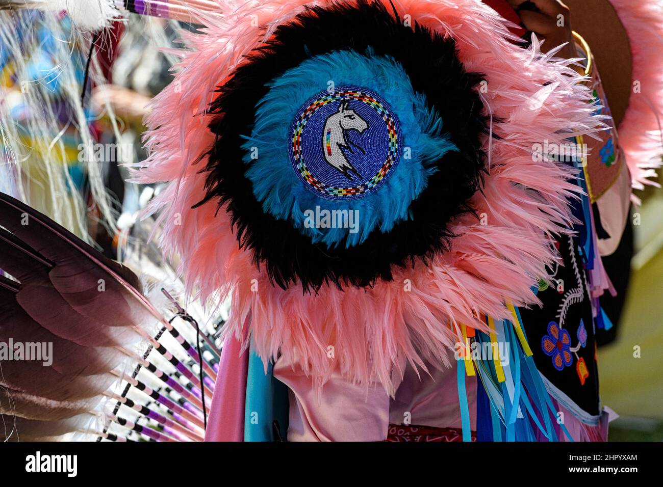 First Nations-Tänzerin, die traditionelle Insignien bei einem Powwow trägt Stockfoto