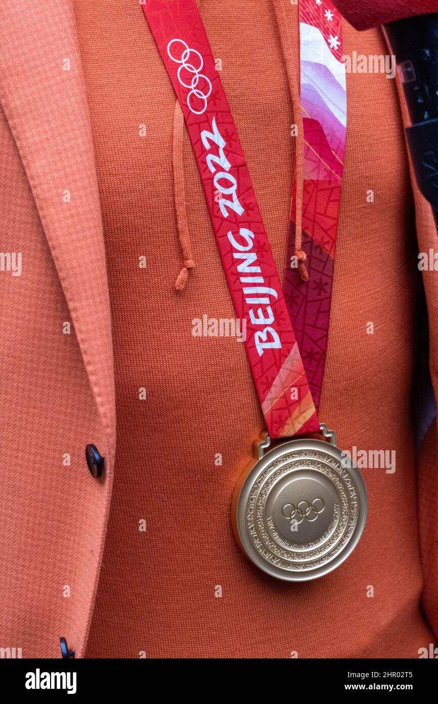 Niederlande, Den Haag am 22/02/2022. Der niederländische Premierminister Mark Rutte erhält die Medaillen bei den Olympischen Winterspielen im Binnenhof. Foto von Marti Stockfoto