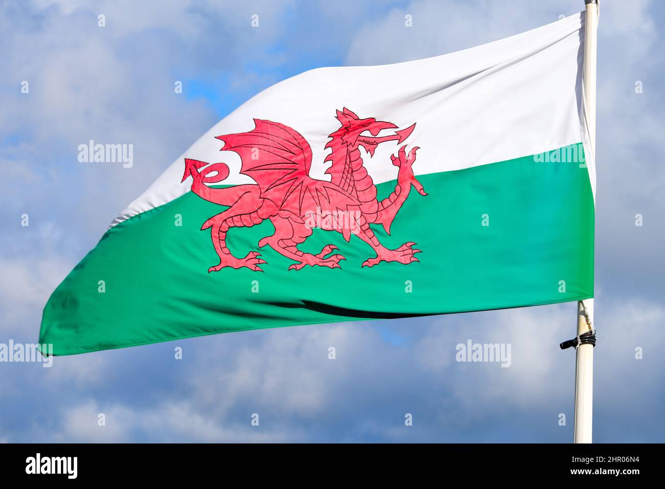 Walisische Nationalflagge, die von einem Fahnenmast in Wales im Vereinigten Königreich aus fliegt Stockfoto