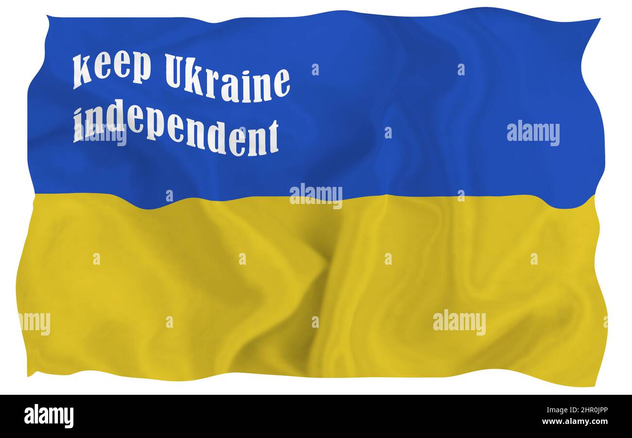 Halten Sie die ukraine unabhängig Text auf einer winkenden ukrainischen Flagge Stockfoto