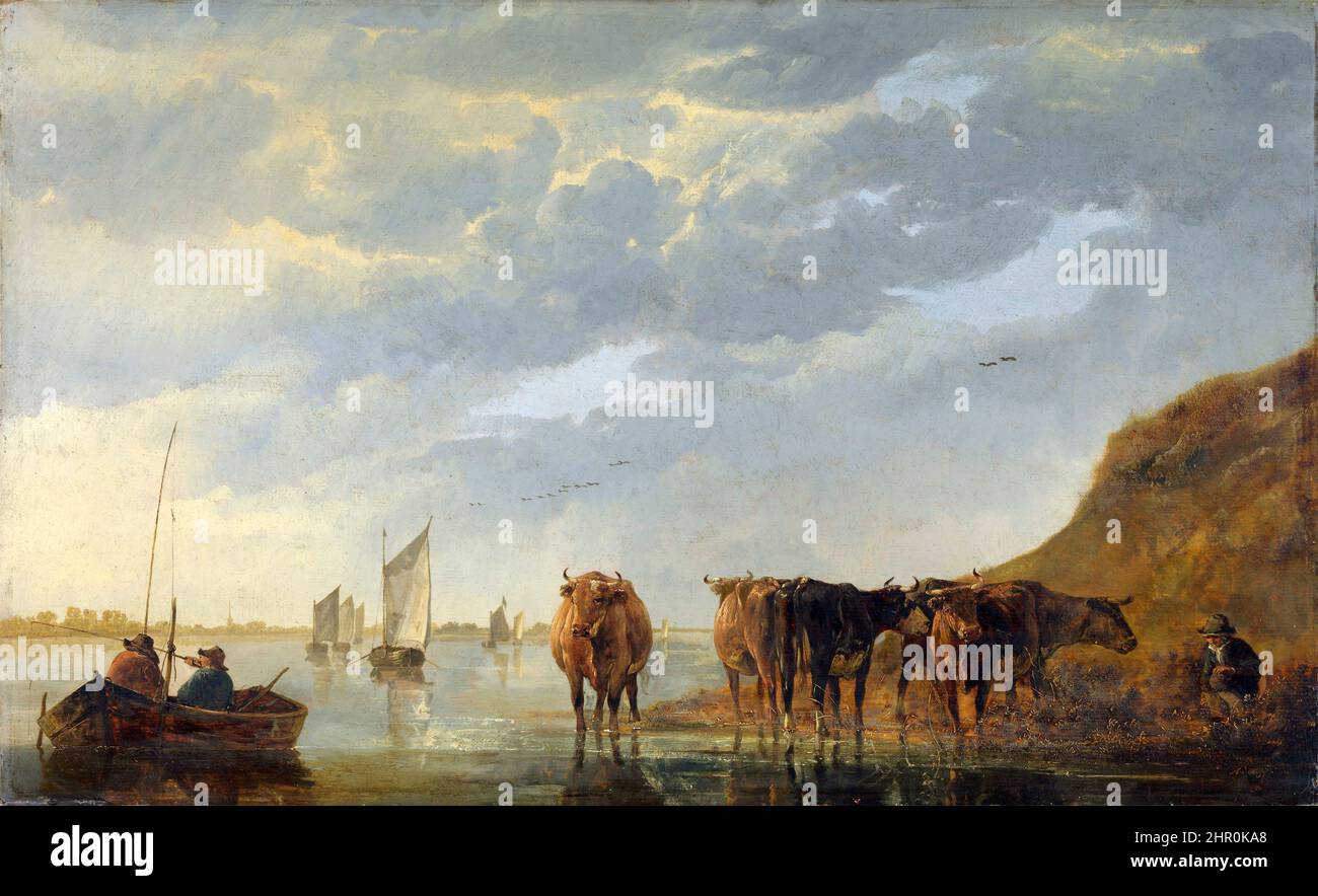 Aelbert Cuyp. Gemälde mit dem Titel „Ein Hirte mit fünf Kühen am Fluss“ des niederländischen Malers des Goldenen Zeitalters, Aelbert Jacobszoon Cuyp (1620-1691), Öl auf Eiche, 1650-55 Stockfoto