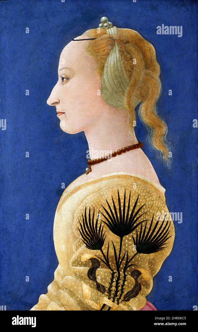 Porträt einer Dame des frühen italienischen Renaissance-Künstlers Alesso Baldovinetti (1427-1499), Tempera und Öl auf Holz, c.. 1465 Stockfoto
