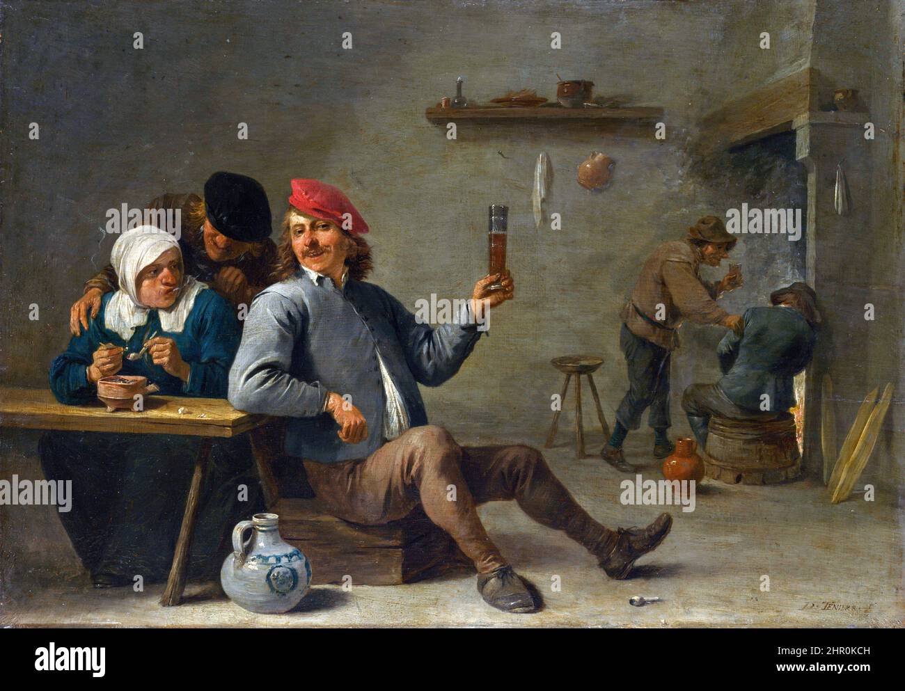 Ein Mann hält ein Glas und eine alte Frau zünden eine Pfeife von David Teniers der Jüngere (1610-1690), Öl auf Eiche, c.. 1645 Stockfoto