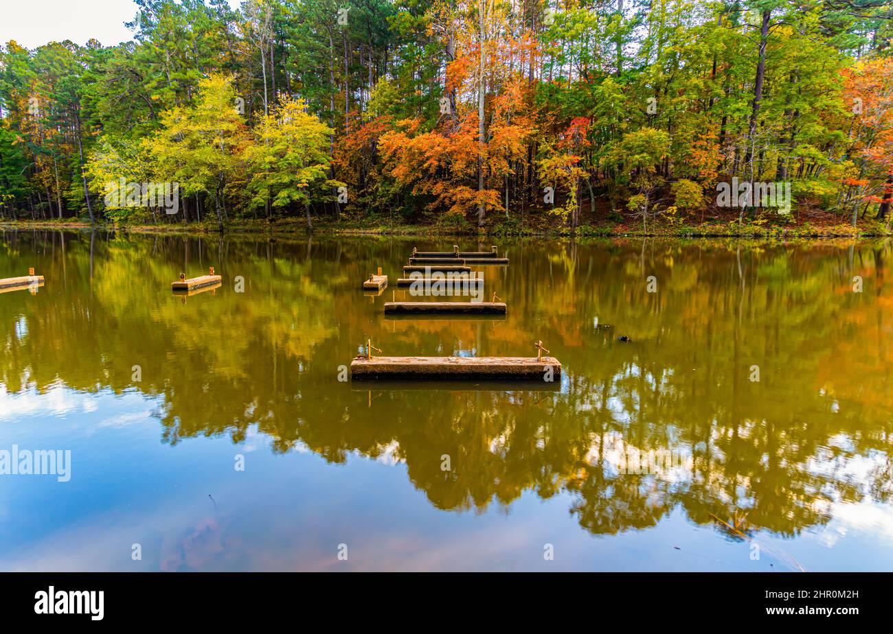 Herbstfarbreflektionen auf Sycamore Creek, William B. Umstead State Park, Raleigh, North Carolina, USA Stockfoto