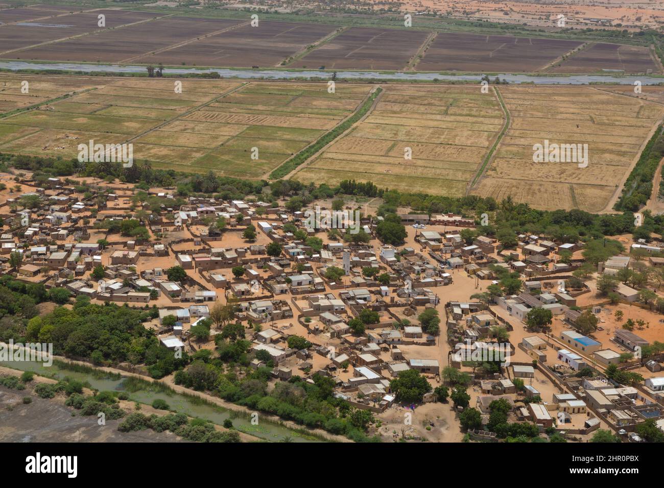 Gemeinden und bewässerte Reisfelder im Delta des Senegal-Flusstals im nördlichen Senegal, Westafrika. Stockfoto