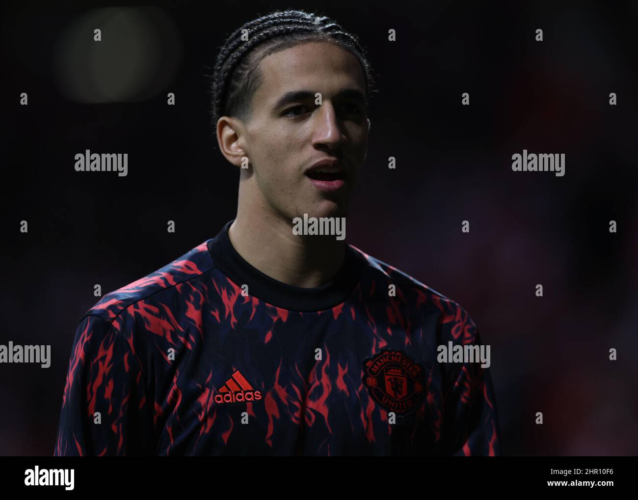 Madrid, Spanien, 23rd. Februar 2022. Hannibal Mejbri von Manchester United reagiert beim Aufwärmen vor dem Spiel der UEFA Champions League im Estadio Metropolitano, Madrid. Bildnachweis sollte lauten: Jonathan Moscrop / Sportimage Stockfoto