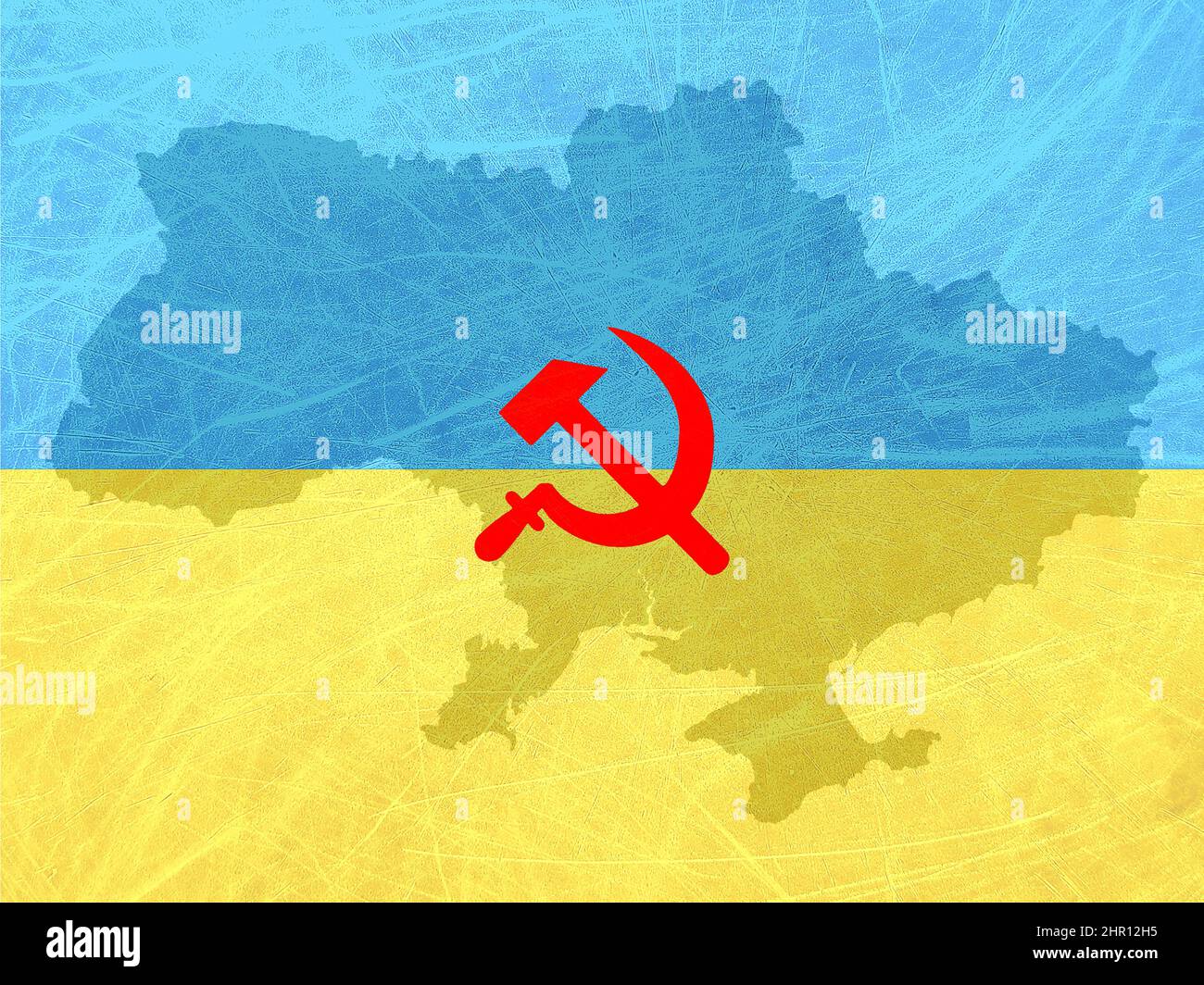 Karte und Flagge der Ukraine mit dem Symbol von Russland, Sichel und Hammer der UdSSR. Ukraine unter russischem Angriff Stockfoto