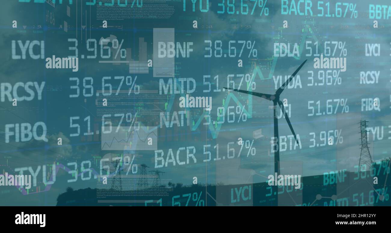 Bild von Statistiken und Datenverarbeitung über Windturbine im ländlichen Hintergrund Stockfoto