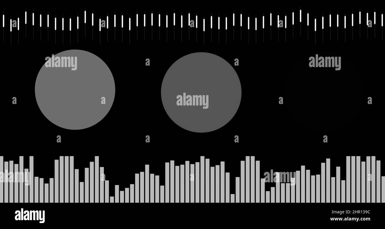 Bild von sich bewegenden weißen Spalten über Kreisen auf schwarzem Hintergrund Stockfoto