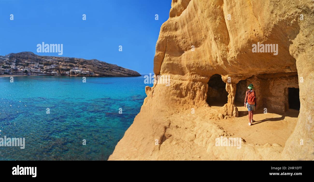 Künstliche Höhlen an der Küste, Griechenland, Kreta, Matala Stockfoto