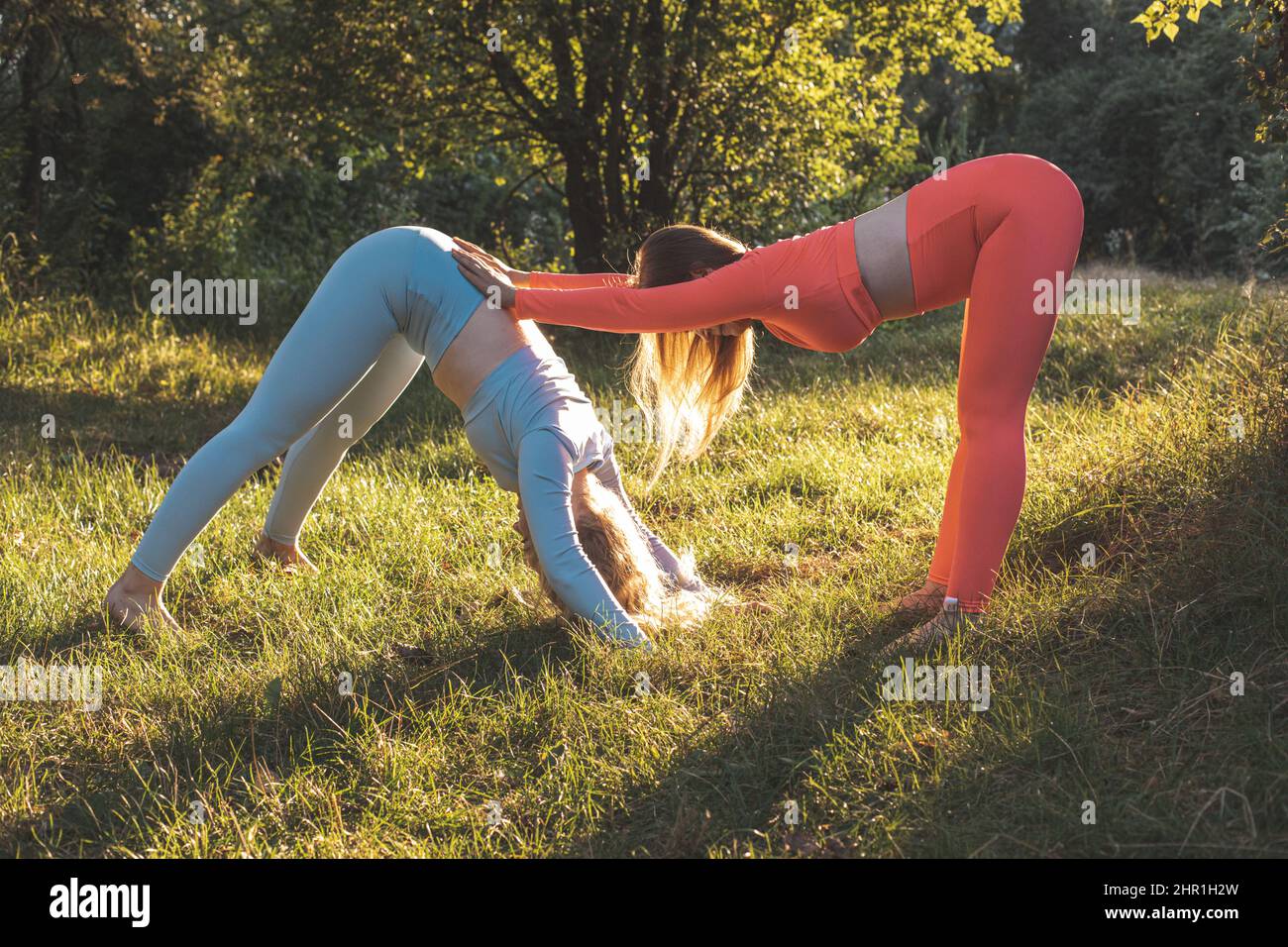 Die Frauen führen komplexe Yoga-Übungen in der Natur durch Stockfoto