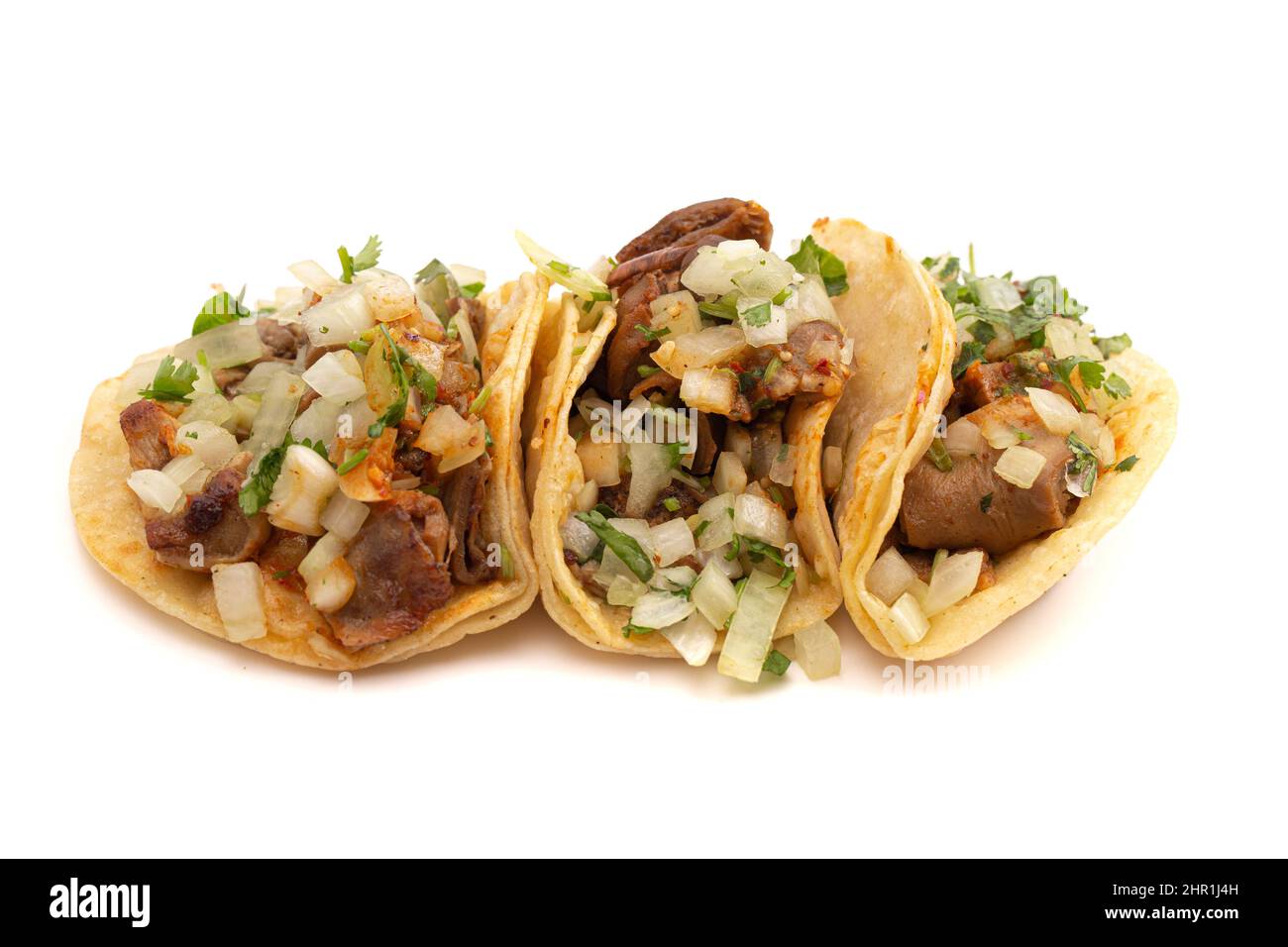 Drei Buche Street Tacos auf weißem Hintergrund Stockfoto