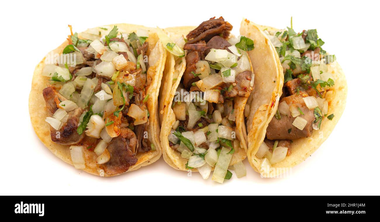 Drei Buche Street Tacos auf weißem Hintergrund Stockfoto