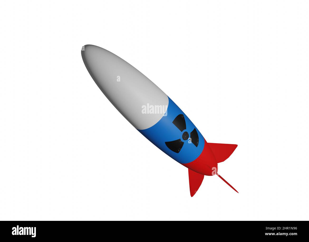 Rakete mit russischer Flaggenfarbe und nuklearem Gefahrenschild. Abstraktes Konzept der russischen Atomwaffe, 3D gerenderte Illustration. Stockfoto