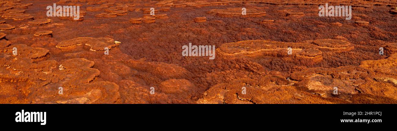 Panorama surrealer Farben und marsähnlicher Landschaft, die von Schwefelquellen am heißesten Ort der Erde, der Danakil-Depression in der Afar-Region, geschaffen wurde Stockfoto