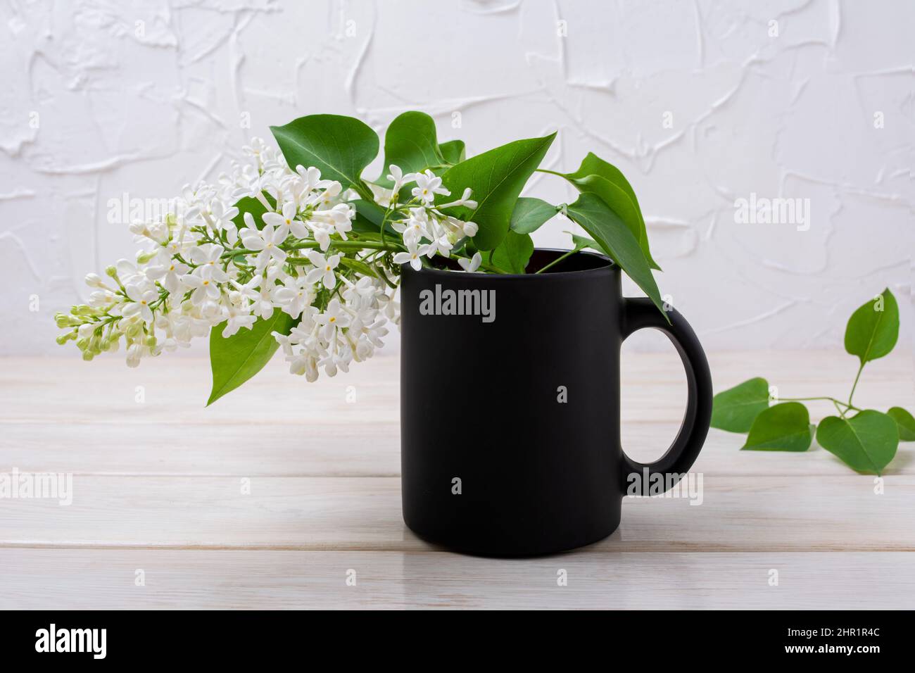 Schwarzer Kaffeebecher mit zart blühender weißer Fliederverzweigung. Leerer Becher als Werbemaßnahme für die Marke Stockfoto