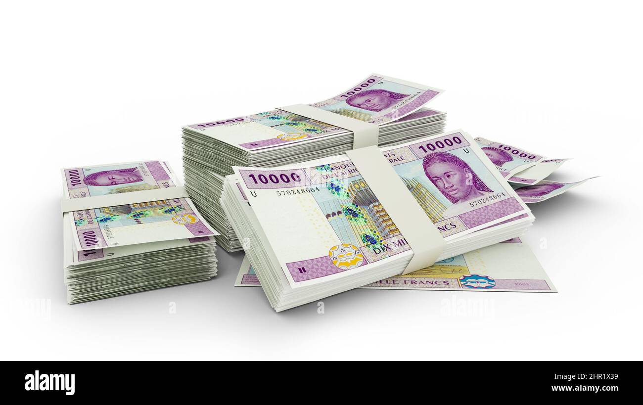 3D Darstellung von Stack von 10000 zentralafrikanischen CFA-Franc-Noten. Auf weißem Hintergrund isolierte Bündeln zentralafrikanischer Währungsscheine Stockfoto