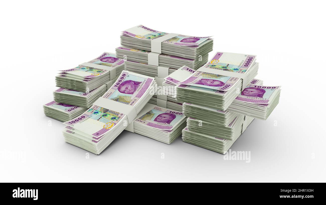 Bundles mit 10000 zentralafrikanischen CFA-Franc-Noten. 3D Wiedergabe von Banknoten-Bündeln Stockfoto
