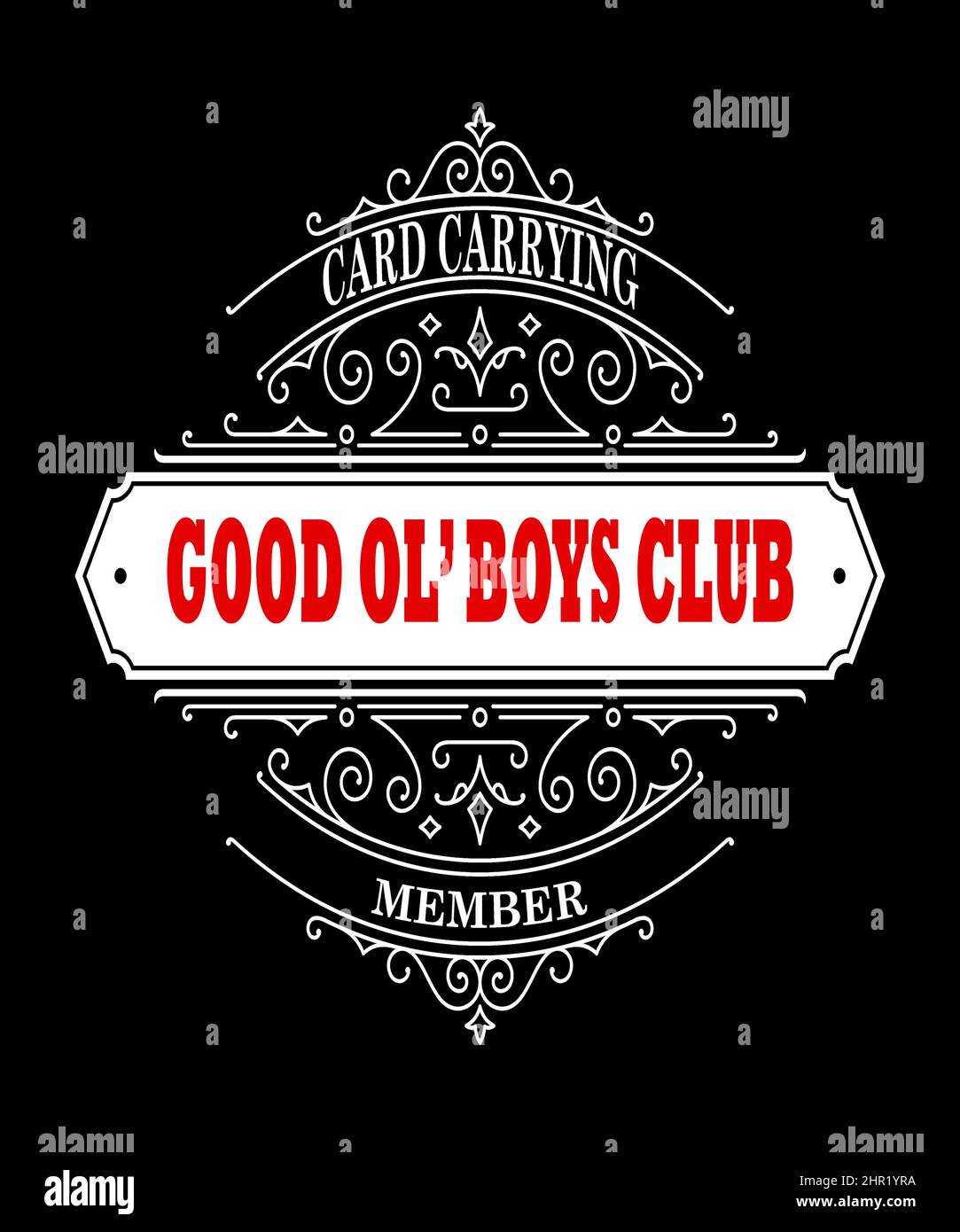 Gute ol Jungen Clubkarte trägt Mitglied Grafik Illustration in einem Vintage-Retro-Stil auf schwarzem Hintergrund. Stockfoto