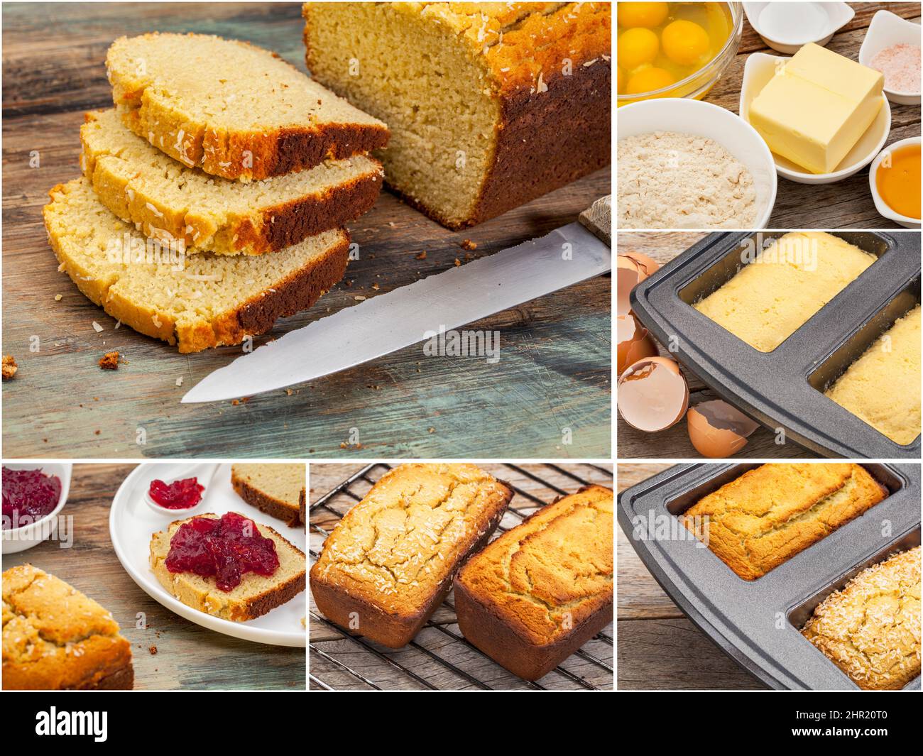 Backen glutenfreies Kokosmehl Brot - eine Abfolge von Bildern, beginnend mit Zutaten und Teig, alle Bilder Copyright durch den Fotografen Stockfoto