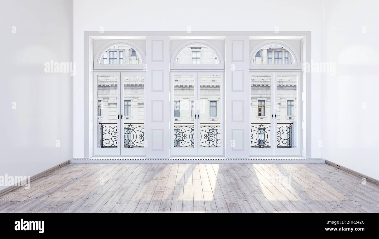 Leerer Raum 3D Rendering, modernes helles weißes Wohnzimmerdesign, 3D Visualisierung, Hintergrund Innenansicht, drei hohe gewölbte französische Fenster Stockfoto