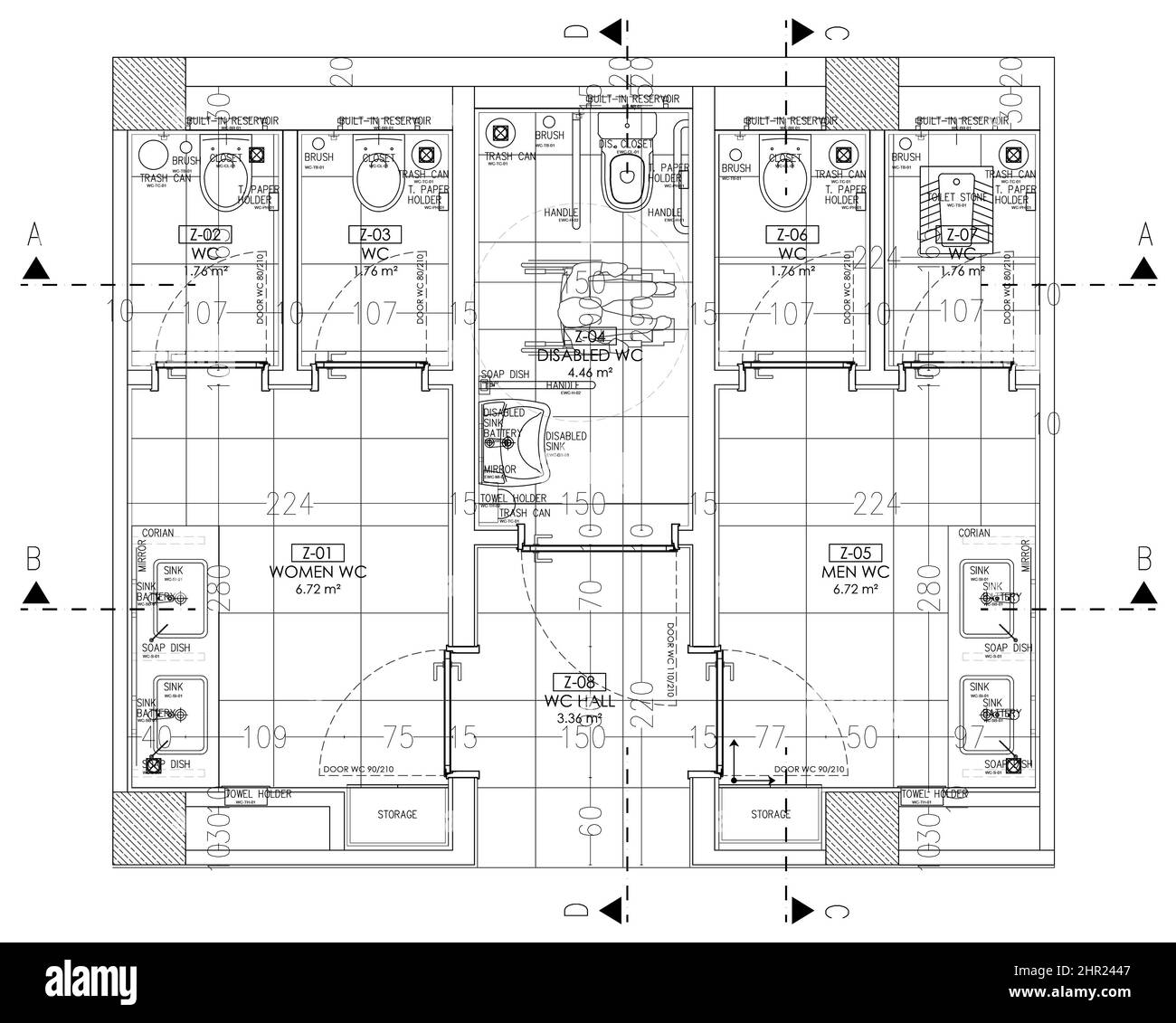 Grundrissentwurf eines öffentlichen wc, detaillierte technische Zeichnung des öffentlichen Toilettenprojekts, architektonisches Grundrisslayout, 2D Draufsicht Blaupause, CAD Stockfoto