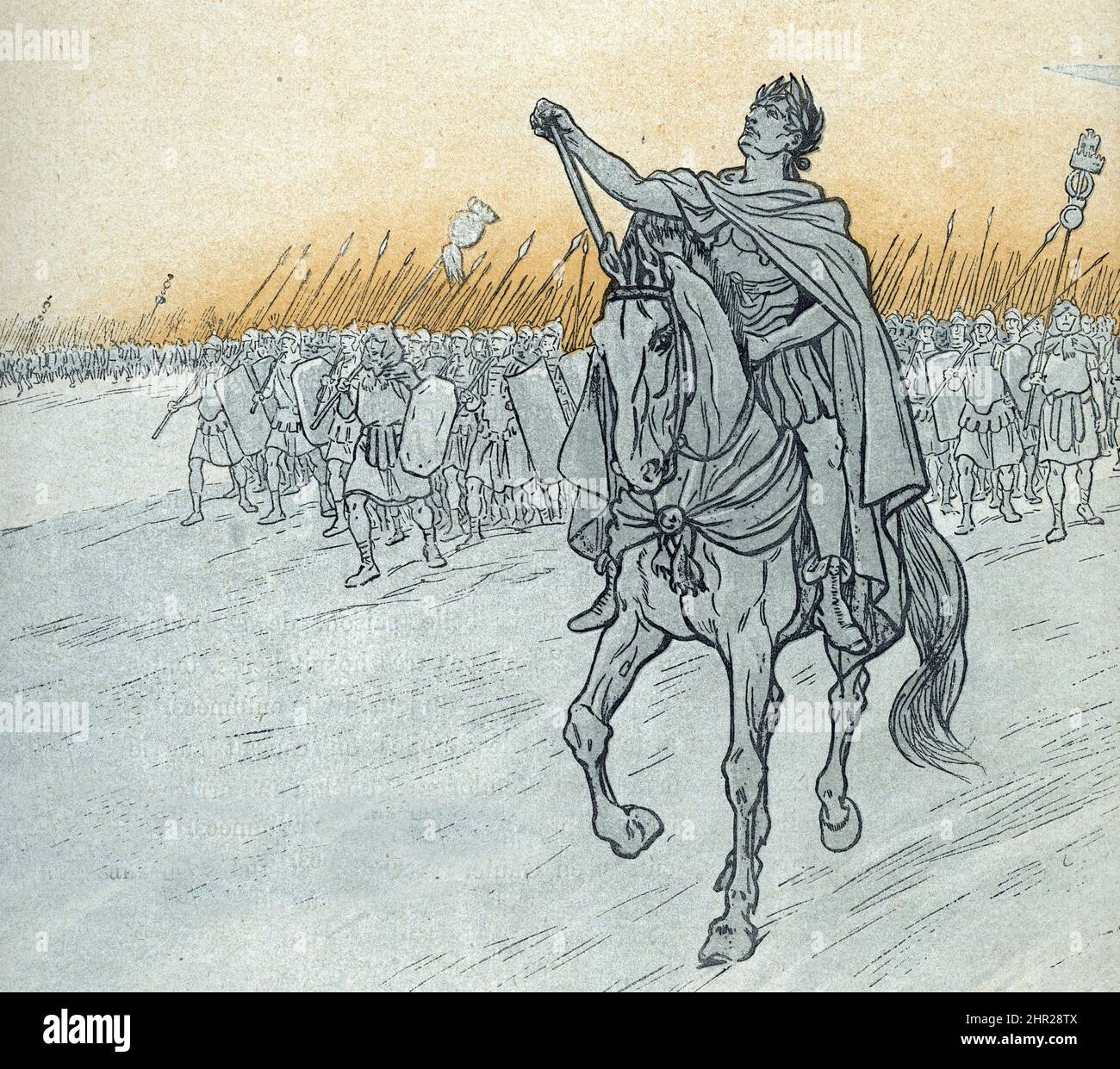 Darstellung von Jules Cesar lors de l'Invasion de la Gaule (Gaul Krieg: Gaius Julius Caesar (damals Jules cesar) (100-44 v. Chr.) und seine Armee erobern Gaul) Illustration de Job Tire de 'La France son histoire' de Montorgueil - Sammlung privee Stockfoto