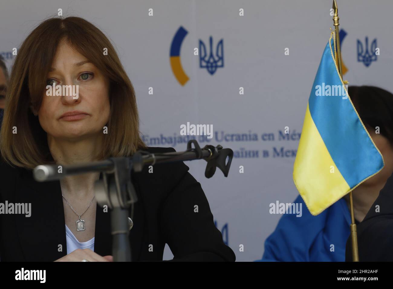 Nicht exklusiv: MEXIKO-STADT, MEXIKO - 24. FEB 2022: Die ukrainische Botschafterin in Mexiko, Oksana Dramaretska, spricht während einer Pressekonferenz über den Start Stockfoto
