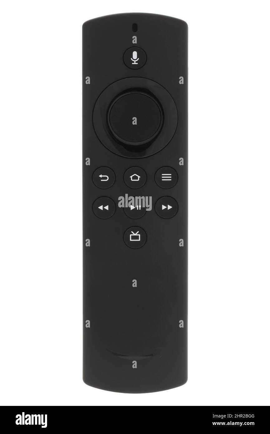 Amazon Feuer-TV Stick Fernbedienung auf weißem Hintergrund Stockfoto
