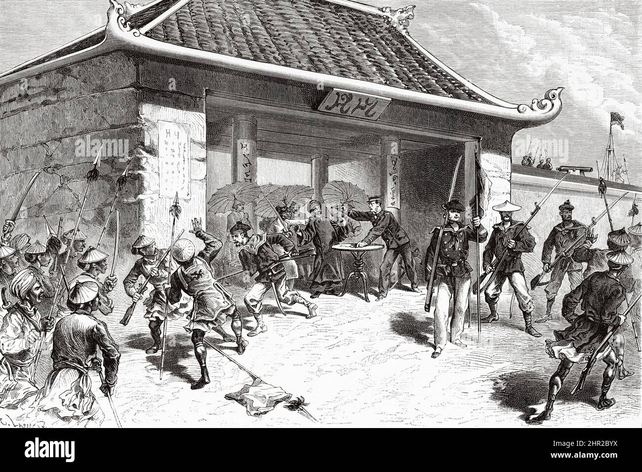 Gefangennahme von Ninh Binh durch Hautefeuille am 5. Dezember 1873, Vietnam. Asien. Eroberung des Tonkin-Deltas durch Romanet de Caillaud Stockfoto