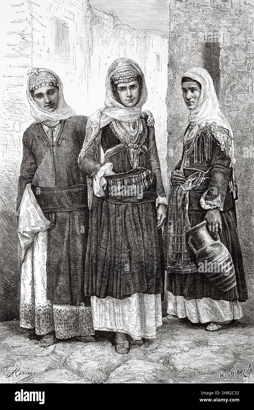 Frauen in traditioneller griechischer Kleidung aus der Stadt Megare, Griechenland. Reise in Griechenland von Henri Belle Stockfoto
