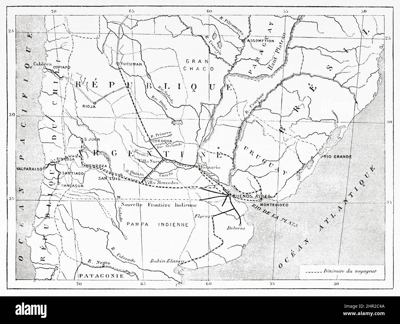 Karte der Reise von Montevideo in Uruguay nach Santa Rosa in Chile von Desiré Charnay im Jahr 1876. Südamerika. Durch die Pampas und die Cordillera, von Montevideo nach Santa Rosa (Chile) von Desiré Charnay, 1876 Stockfoto