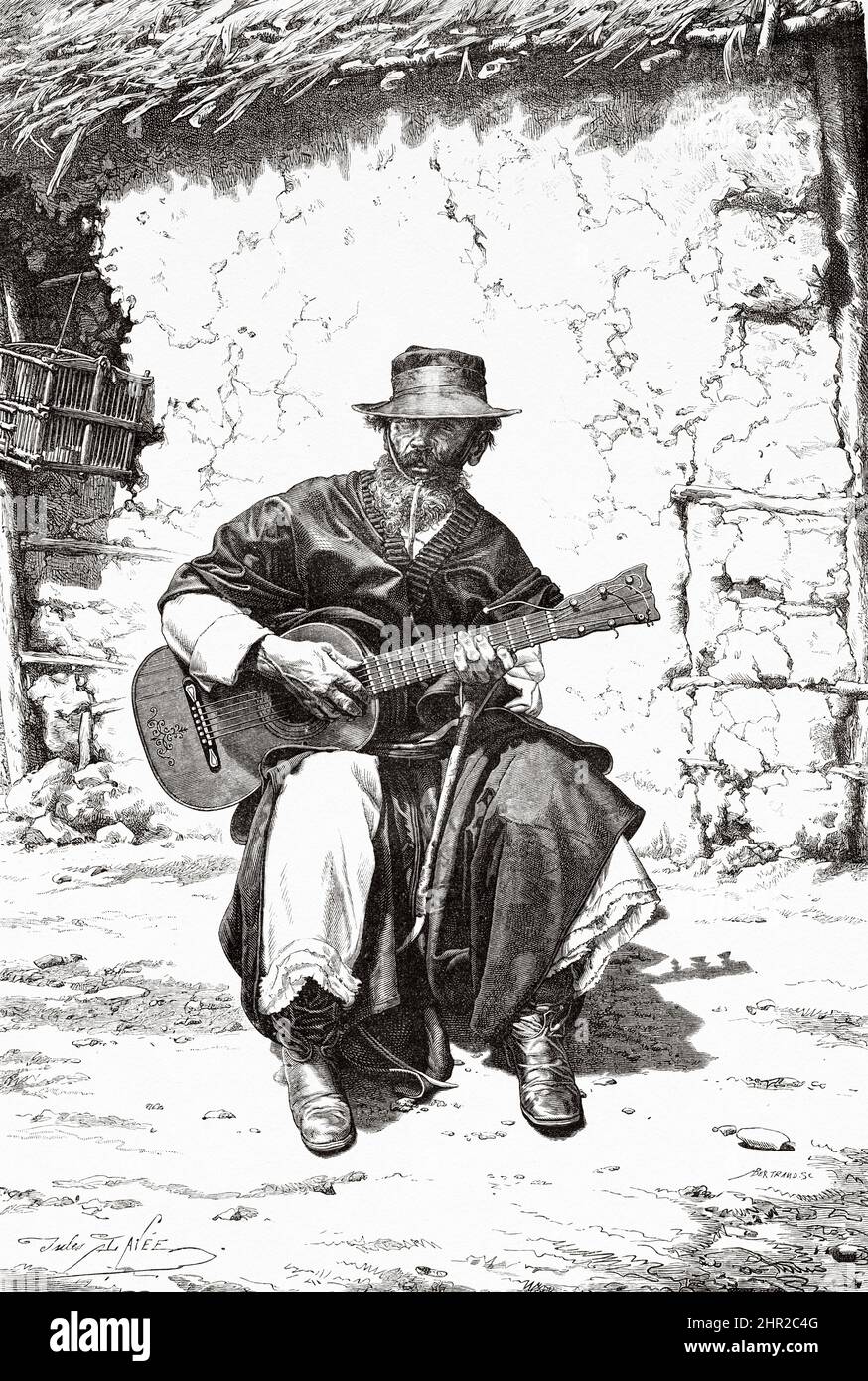 Ein argentinischer Gaucho, der Gitarre spielt, Argentinien. Südamerika. Durch die Pampas und die Cordillera, von Montevideo nach Santa Rosa (Chile) von Desiré Charnay, 1876 Stockfoto