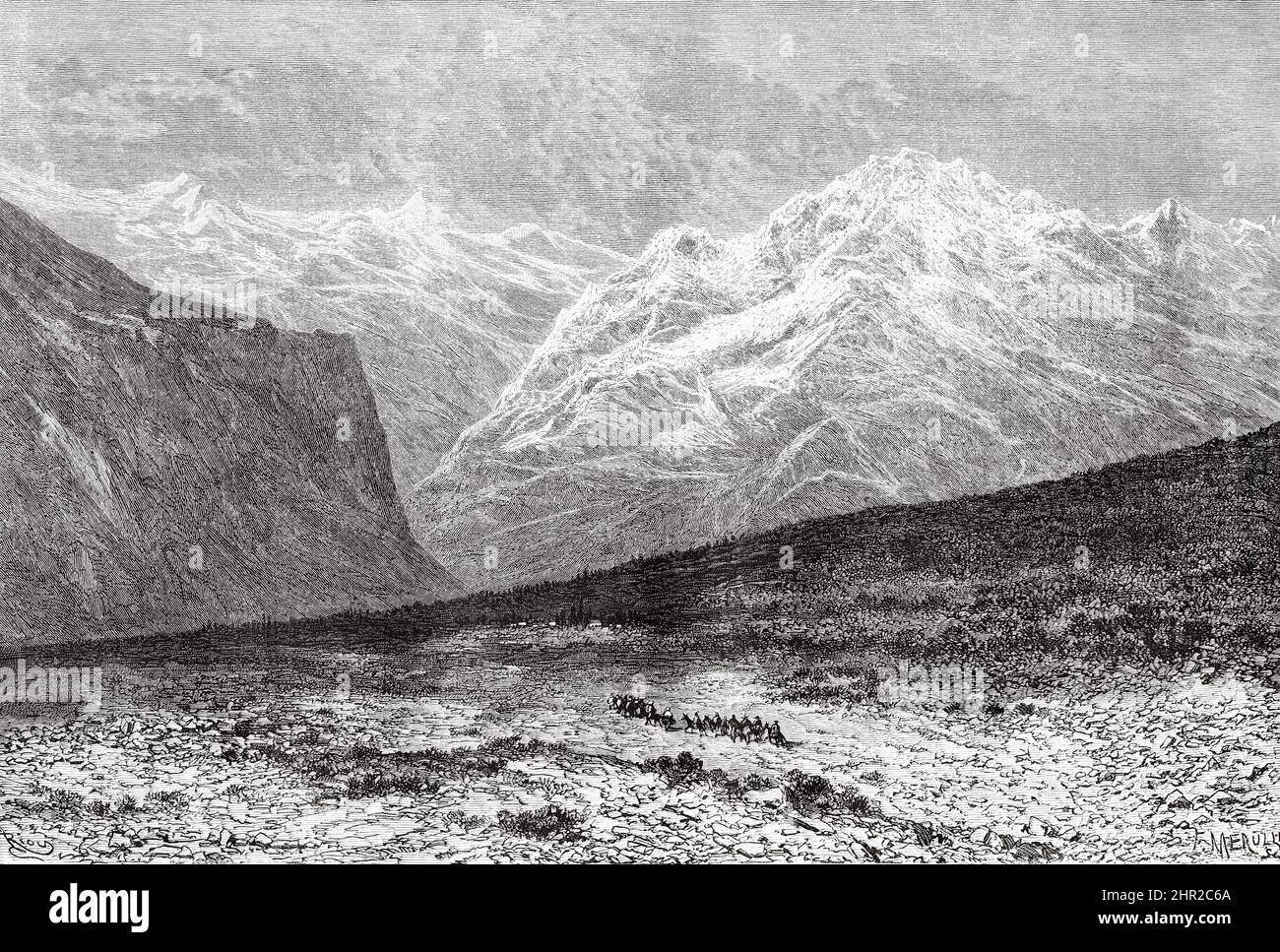 Roadtrip durch die Anden rund um Uspallata, Argentinien. Südamerika. Durch die Pampas und die Cordillera, von Montevideo nach Santa Rosa (Chile) von Desiré Charnay, 1876 Stockfoto