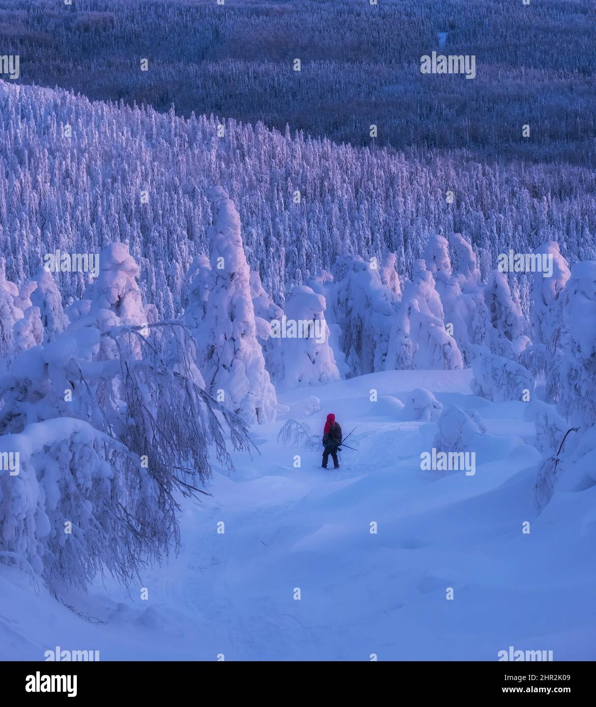 Winterwunderland in Lappland. Winterurlaub im Winterwunderland. Winterlandschaft Sonnenuntergang. Stockfoto