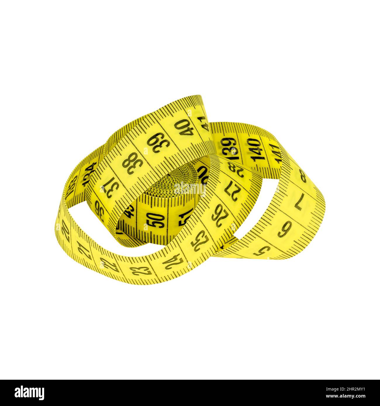 Gelbes Messband isoliert auf weißem Hintergrund als Design-Element des Pakets. Messgerät - ein Gerät zur Längenmessung. Stockfoto