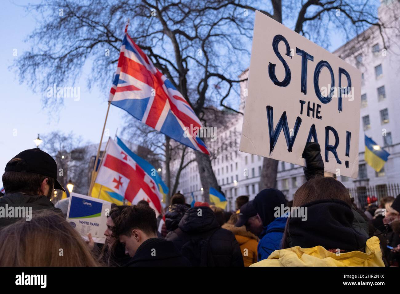 London, Großbritannien. 24.. Februar 2022. Ukrainer und Anhänger protestieren vor der Downing Street, während russische Truppen Regionen der Ukraine angreifen und besetzen. Demonstranten fordern ein Ende des Krieges und Boris Johnson verhängt Sanktionen gegen Russland, einige vergleichen Putin mit Hitler. Quelle: Joao Daniel Pereira/Alamy Live News Stockfoto