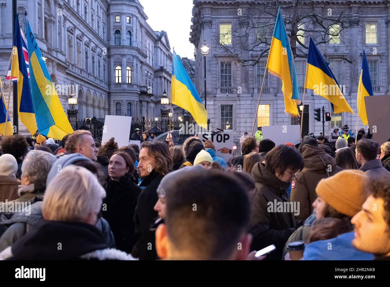 London, Großbritannien. 24.. Februar 2022. Ukrainer und Anhänger protestieren vor der Downing Street, während russische Truppen Regionen der Ukraine angreifen und besetzen. Demonstranten fordern ein Ende des Krieges und Boris Johnson verhängt Sanktionen gegen Russland, einige vergleichen Putin mit Hitler. Quelle: Joao Daniel Pereira/Alamy Live News Stockfoto