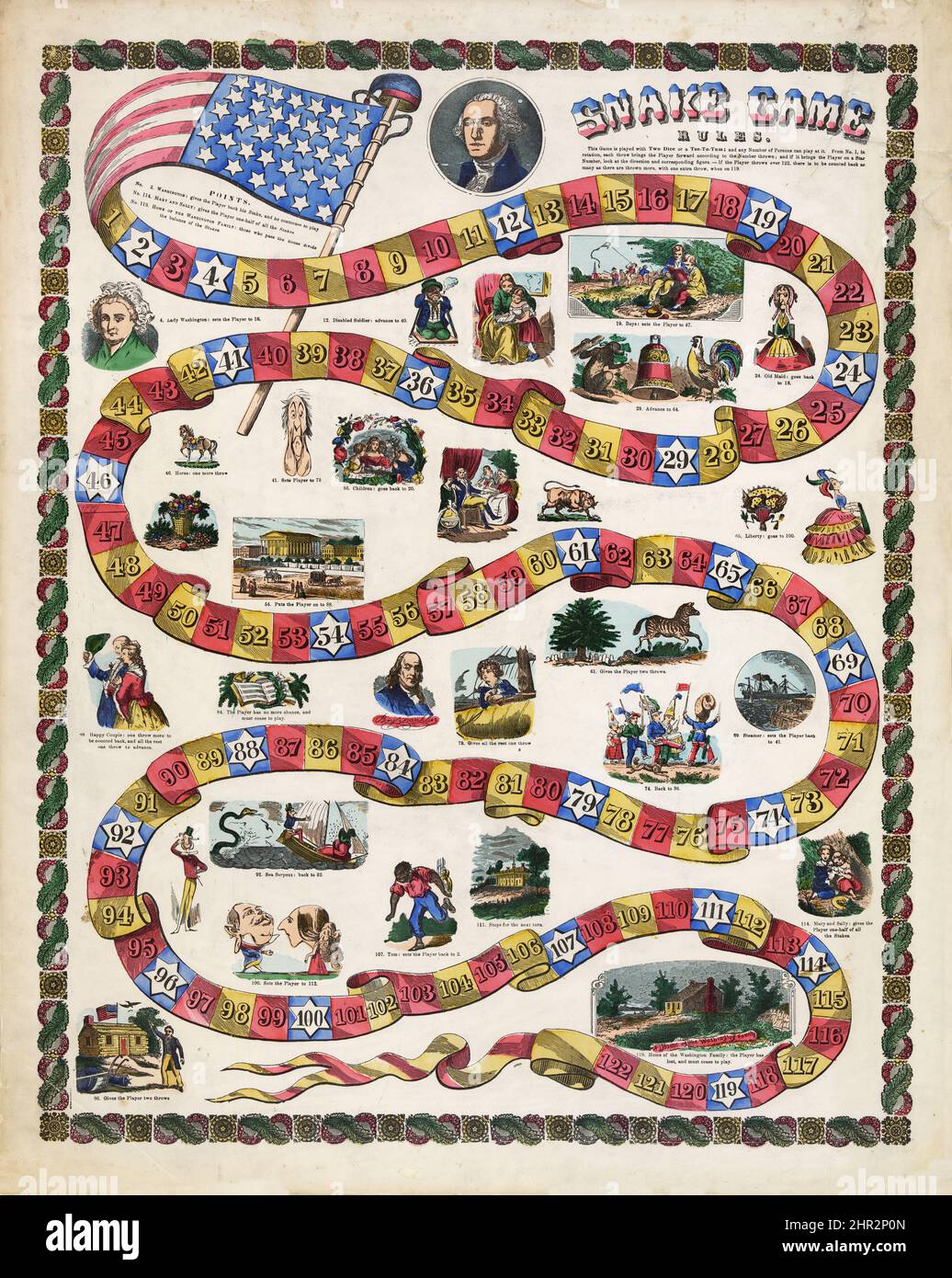 Schlangenspiel-Kunststück. George Washington. Brettspiel, zwischen 1840 und 1860. Holzgravuren - handfarbig. Stockfoto
