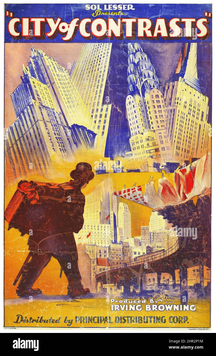 Sol Lesser präsentiert City of Contrassts, New York 1931 – ein Vintage-Werbeplakat Stockfoto
