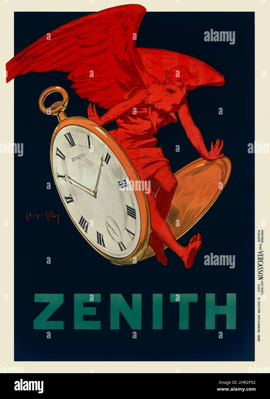 1928 Werbeplakat - Zenith - Vintage Werbeplakat mit einem alten roten Engel - Kunstwerk von Jean d'Ylen (1886–1938). Digital verbessert. Stockfoto
